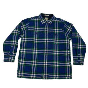 LL Bean Shirt Jacket Men's L-Reg‎ Green Blue Tartan Plaid Fleece Lined Shacket